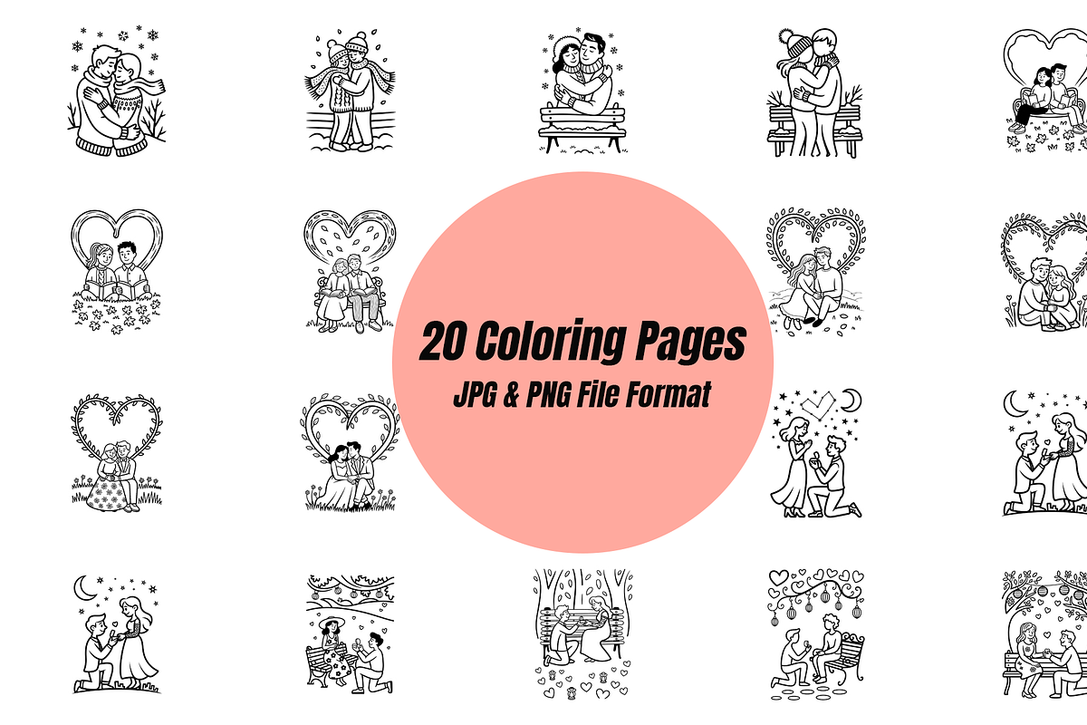 Love & Proposal Coloring Pages Pack, a Person Illustration by Annudesign (Photo 1 of 6)