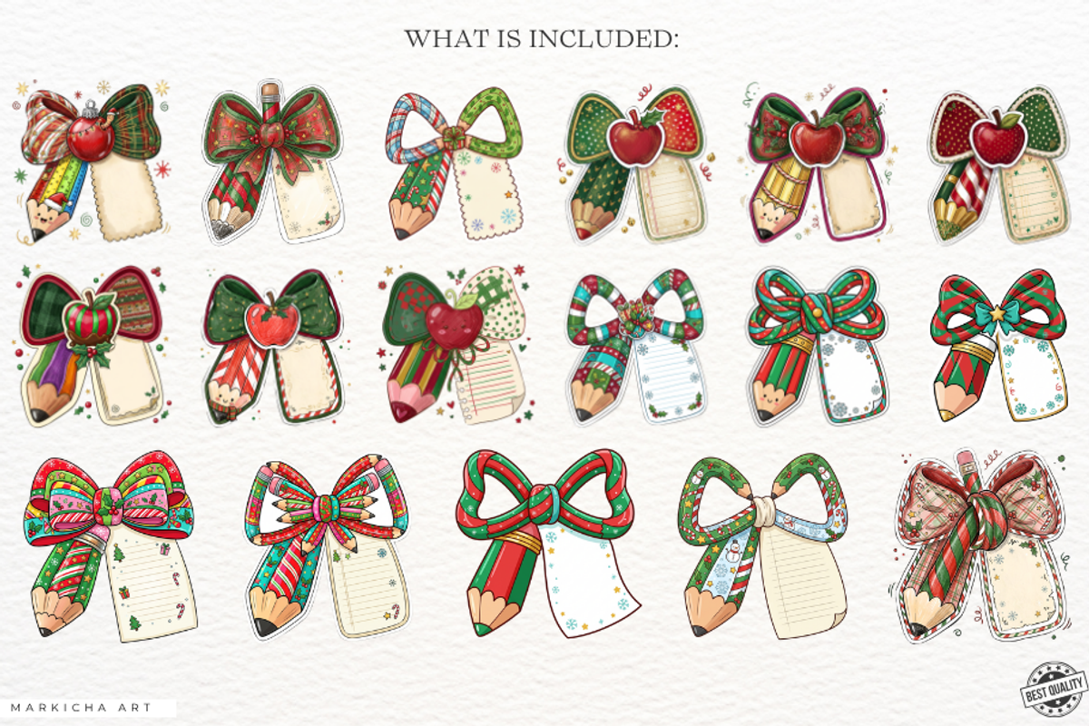 Christmas School Pencil Bows Clipart, a Seasonal Illustration by Markicha Art (Photo 4 of 5)