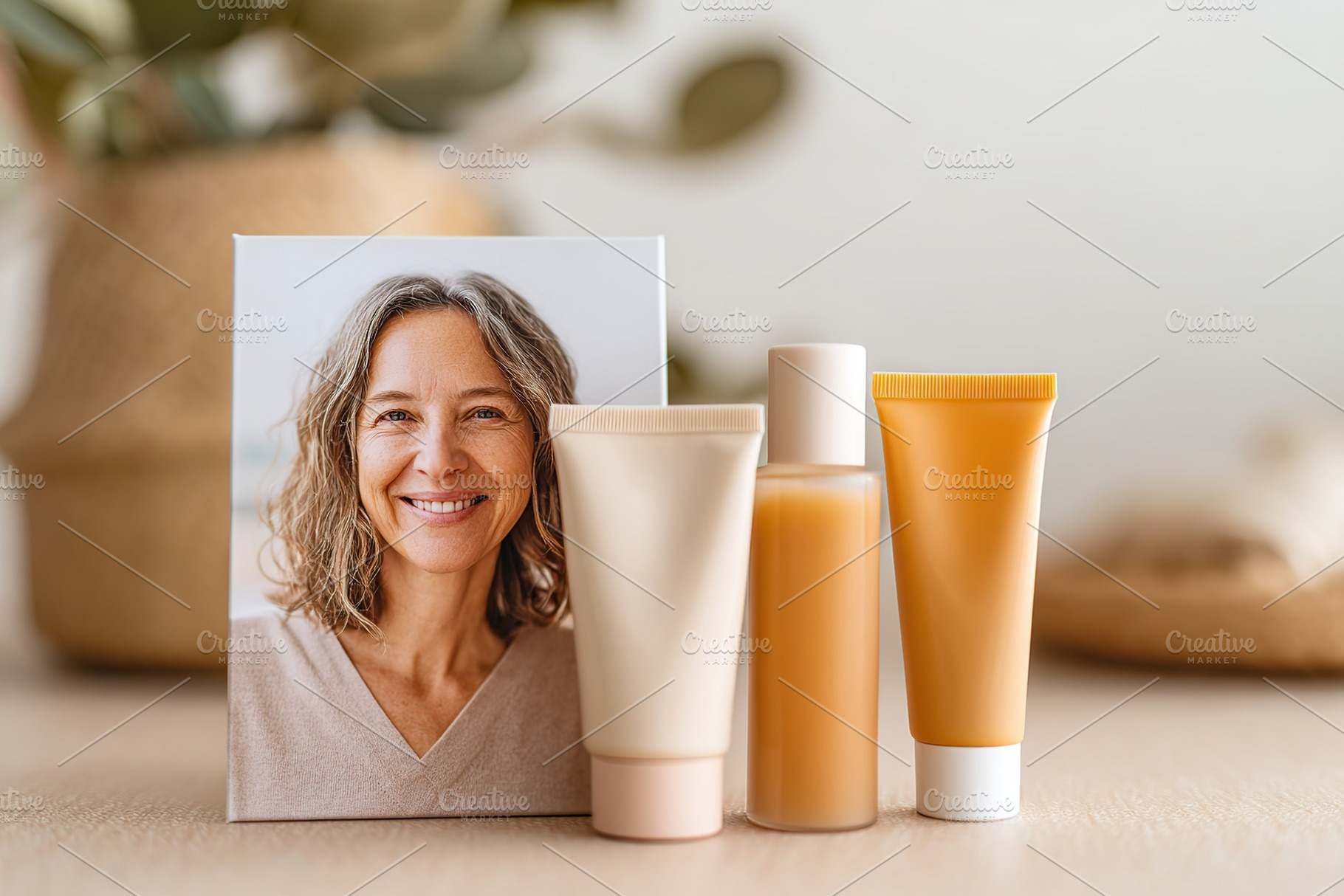 Natural skincare products arranged with a cheerful woman's portrait in a serene, a Photo by AlyaAnd