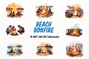 Watercolor Beach Bonfire Clipart, a Person Illustration by New-School-Wave