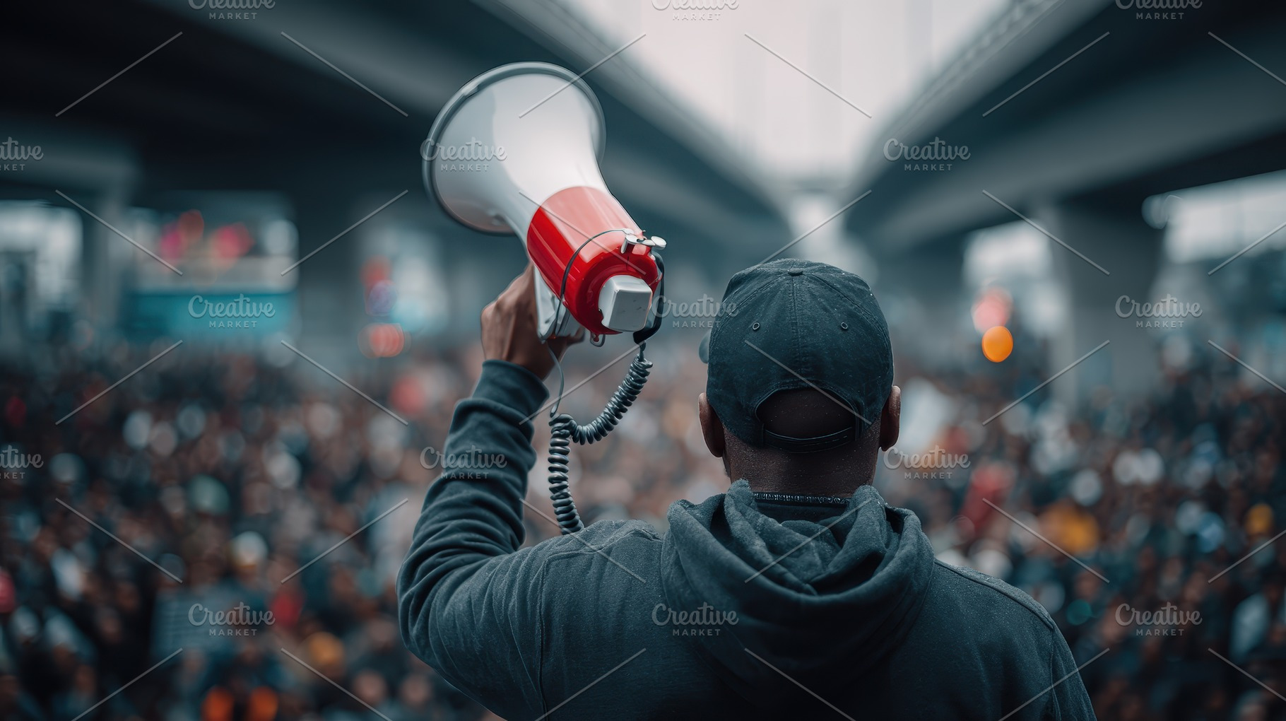 Man with megaphone addressing a crow, a Photo by Pixeness Studio