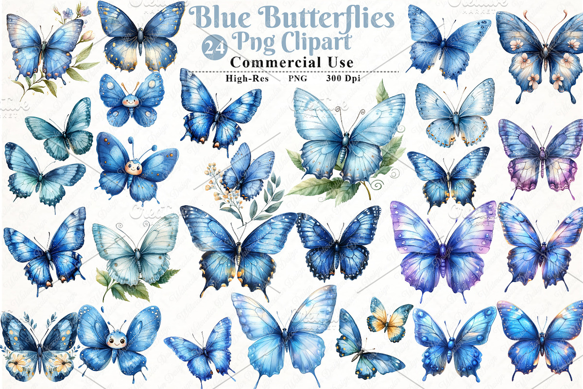 Watercolor Blue Butterflies Cliupart, an Illustration by Watercolor design (Photo 1 of 12)