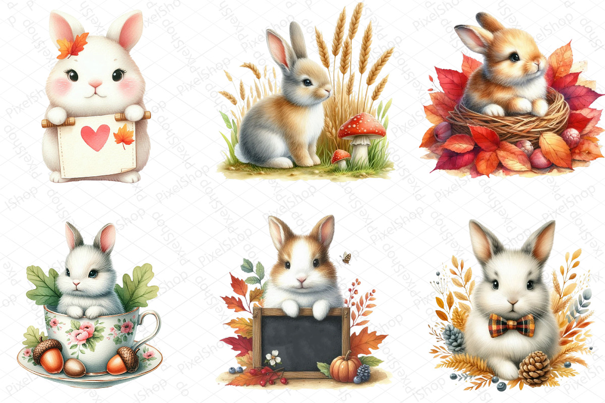 Watercolor Autumn Rabbit Clipart, an Illustration by DreamPrint404 (Photo 2 of 6)