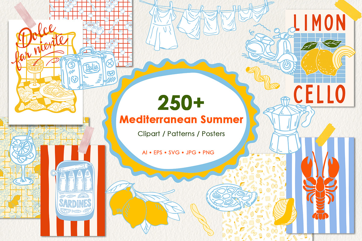 Mediterranean Summer Doodles Pack, a Decorative Illustration by SunnJaneArt (Photo 1 of 13)