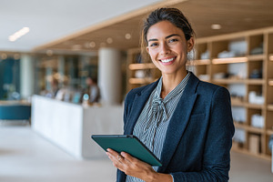 Smiling businesswoman holding tablet, a Photo by Pixeness Studio