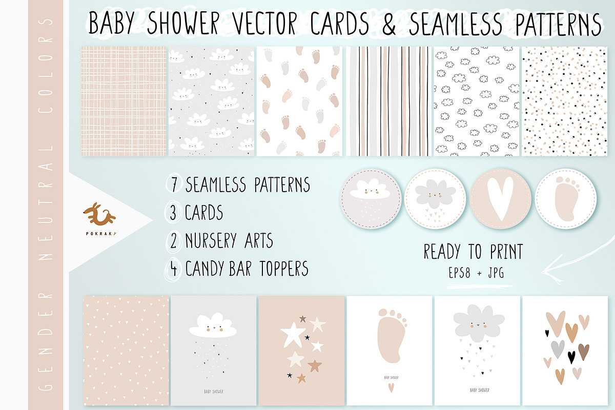 baby shower cards & seamless pattern, a Seasonal Illustration by Pokraky (Photo 1 of 6)