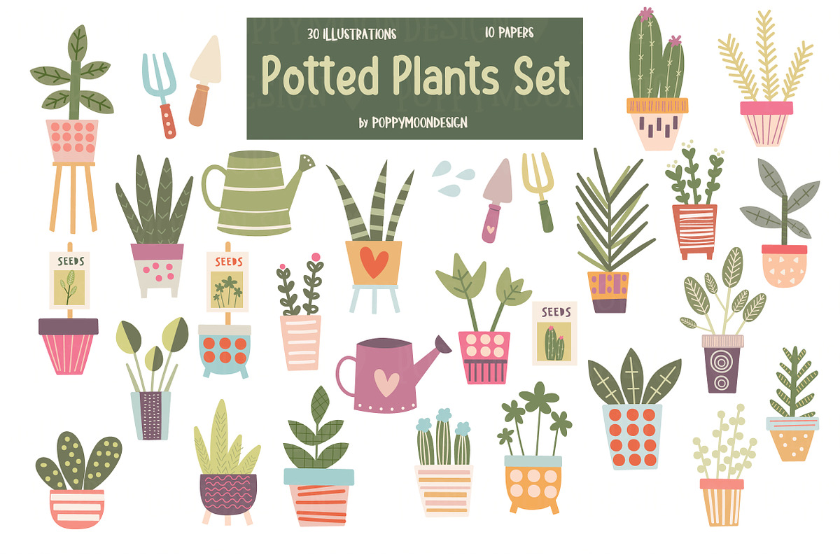 Potted plants clipart & paper set, an Illustration by Poppymoondesign (Photo 1 of 5)