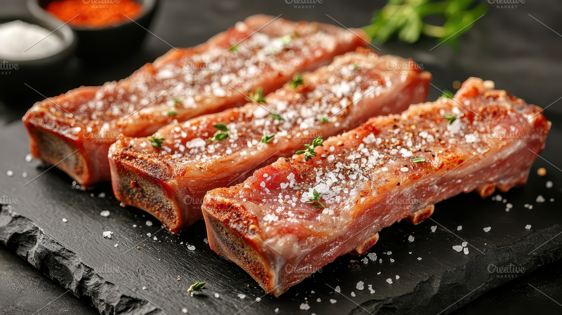 Seasoned grilled lamb ribs on slate, a Food & Drink Photo by Pixeness Studio