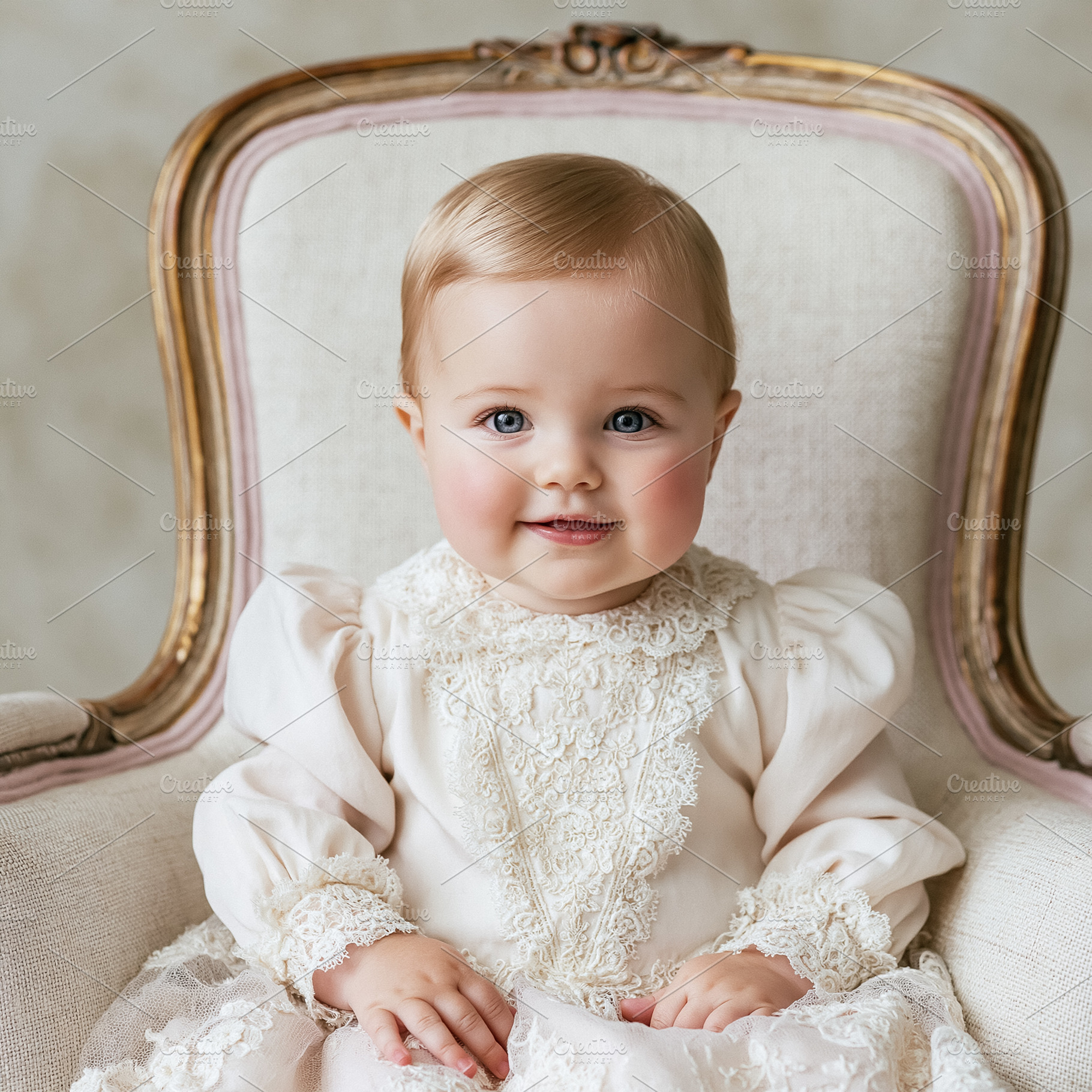 Happy baby girl sitting in vintage armchair, celebrating innocen, a Person Photo by Studio ANNA