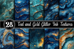Teal and Gold Glitter Ink Textures, an Illustration by RobertsArt