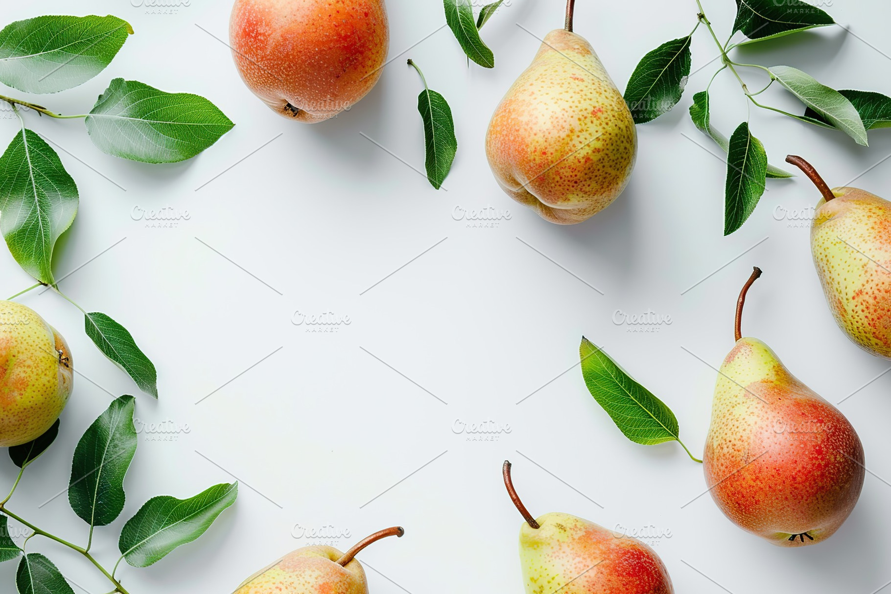 Red pears with leafs and copyspace for text on white background, a Food & Drink Photo by AlyaAnd