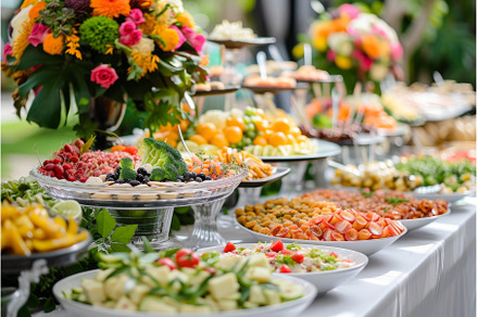 Elegant outdoor buffet spread with, a Food & Drink Photo by Ylivdesign