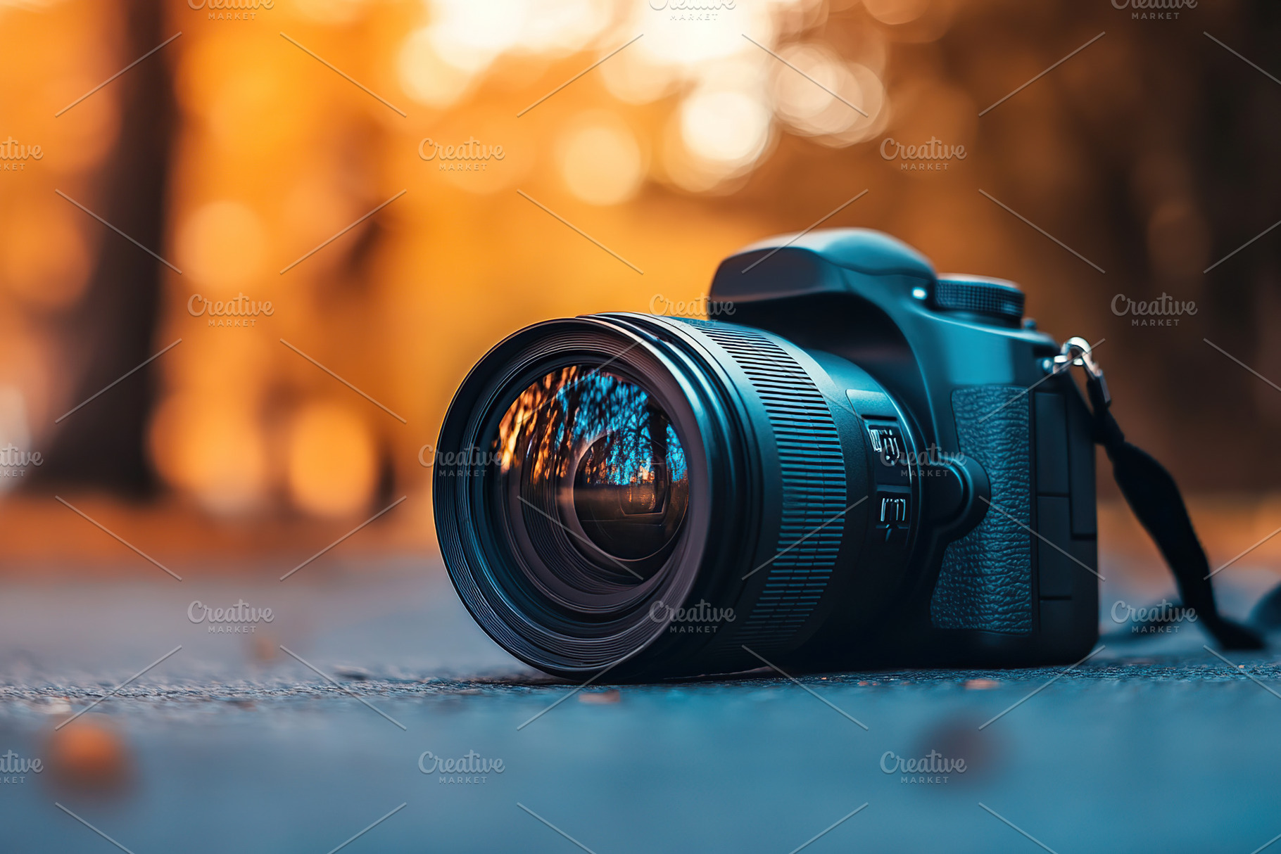 Close up photo of new camera lens on blurred autumn park backgro, a Technology Photo by AlyaAnd