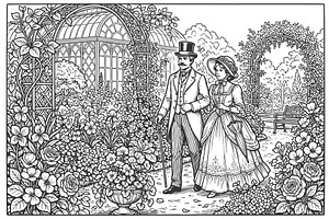 Victorian Couple Walking In Garden, a Person Illustration by AlexArt