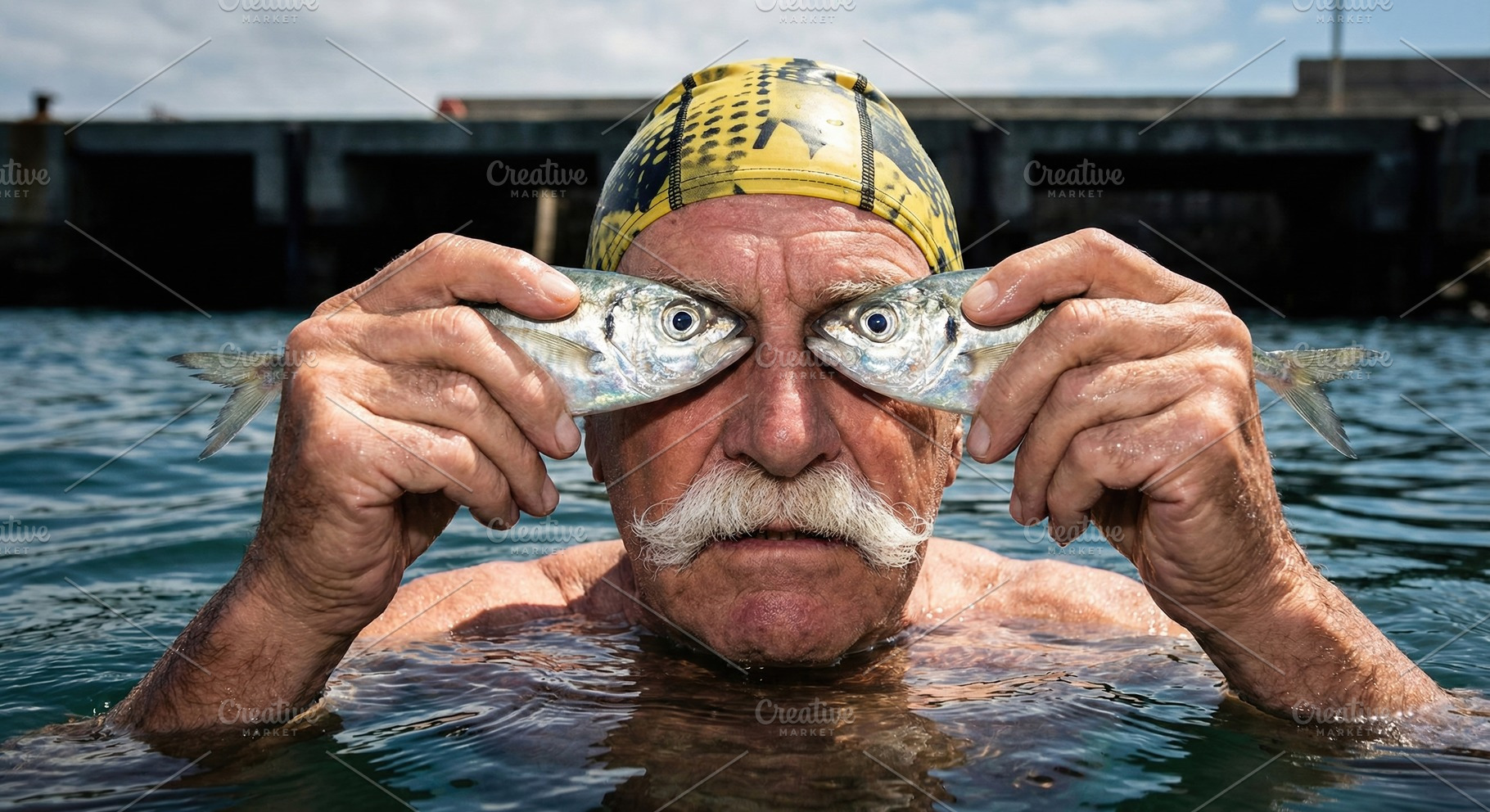 Elderly Man Holding Fish Over Eyes, a Person Photo by Virgo Studio
