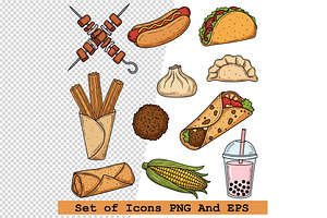 Set of  street food icons vector, an Icon by one-touch