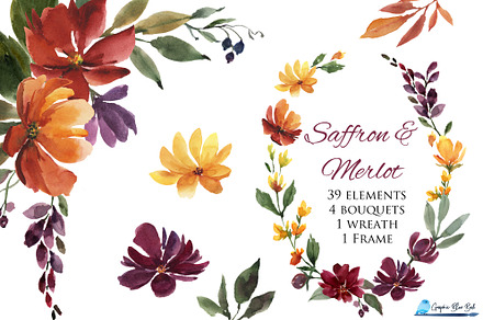 Watercolor Flowers, Burgundy & Gold