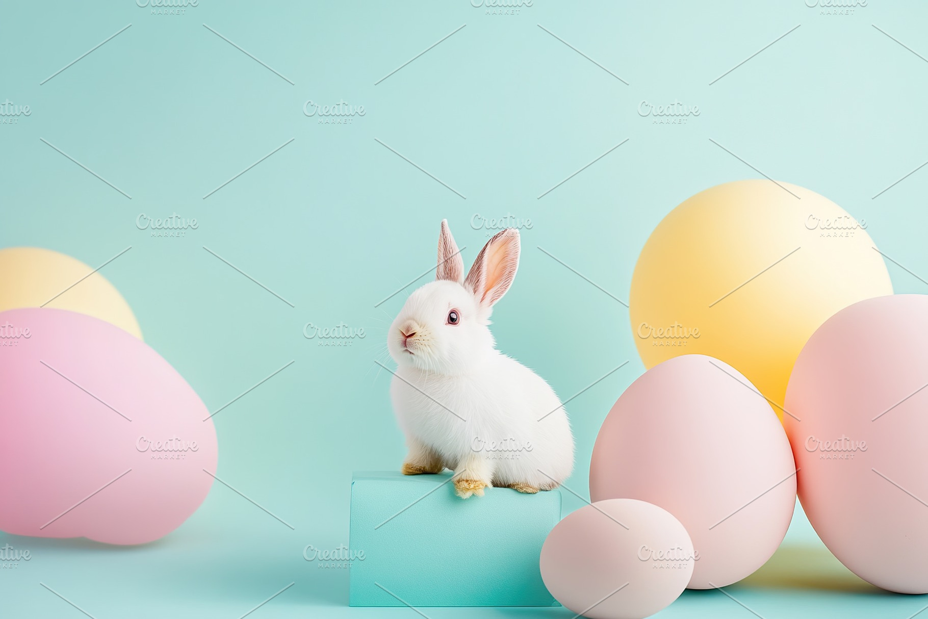 Colorful painted easter eggs and cute bunny, a Photo by AlyaAnd