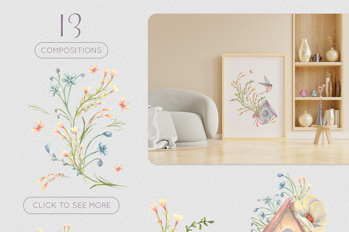 Birds and flowers watercolor clipart, a Decorative Illustration by Kate Lanbina (Photo 5 of 15)