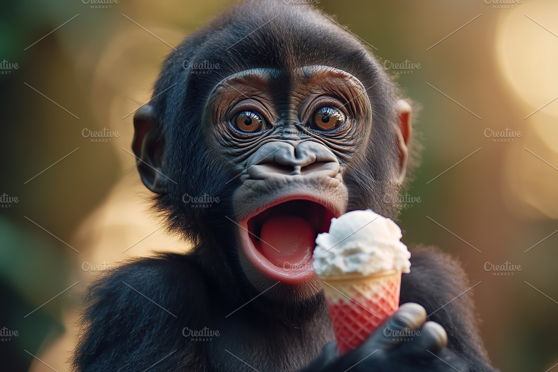 Funny gorilla baby eating ice cream on blurred background, an Animal Photo by AlyaAnd
