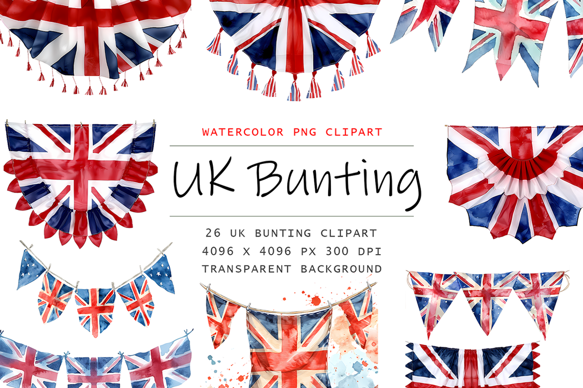 Watercolor UK Bunting Clipart, a Decorative Illustration by stickermadness (Photo 1 of 3)