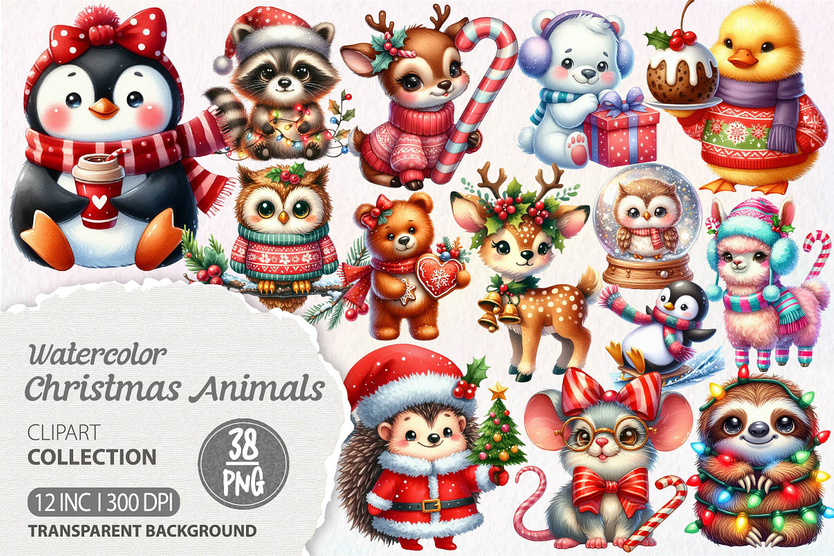 Christmas Cute Animals Clipart PNG, an Illustration by Dream Creation (Photo 1 of 7)