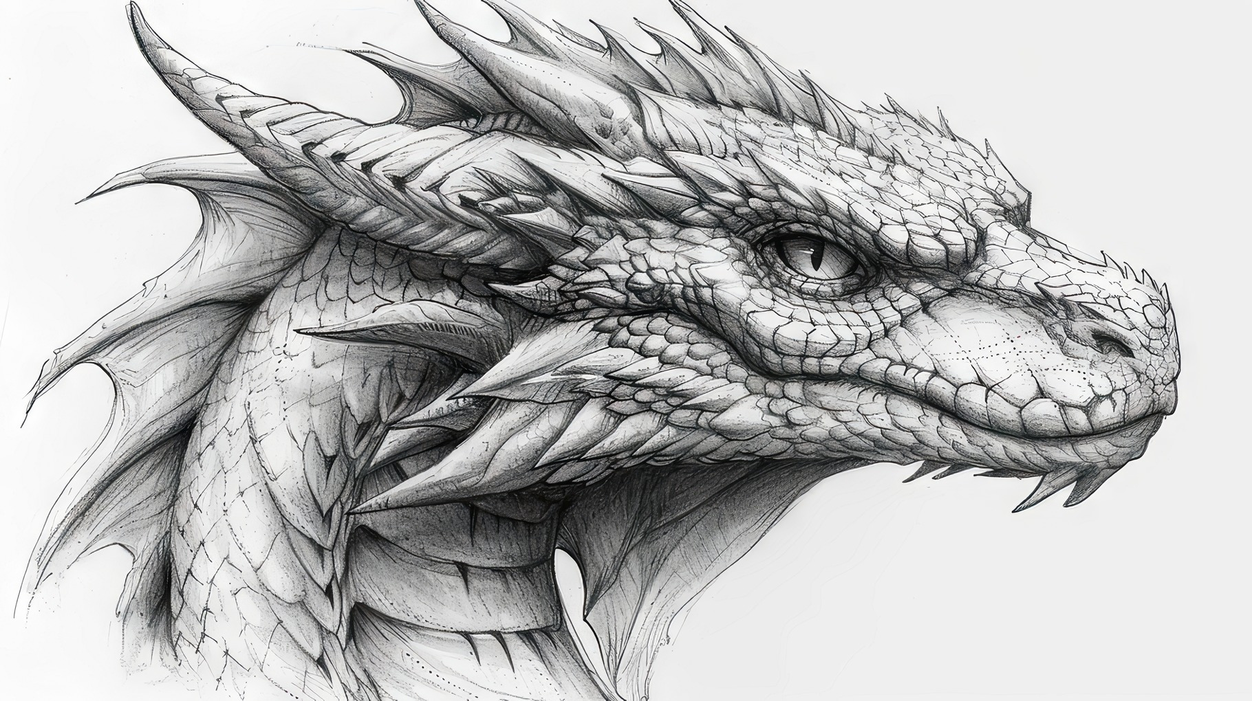 Intricate Hand-Drawn Engraving Of A Dragon Head In Pen And Ink Style, a ...