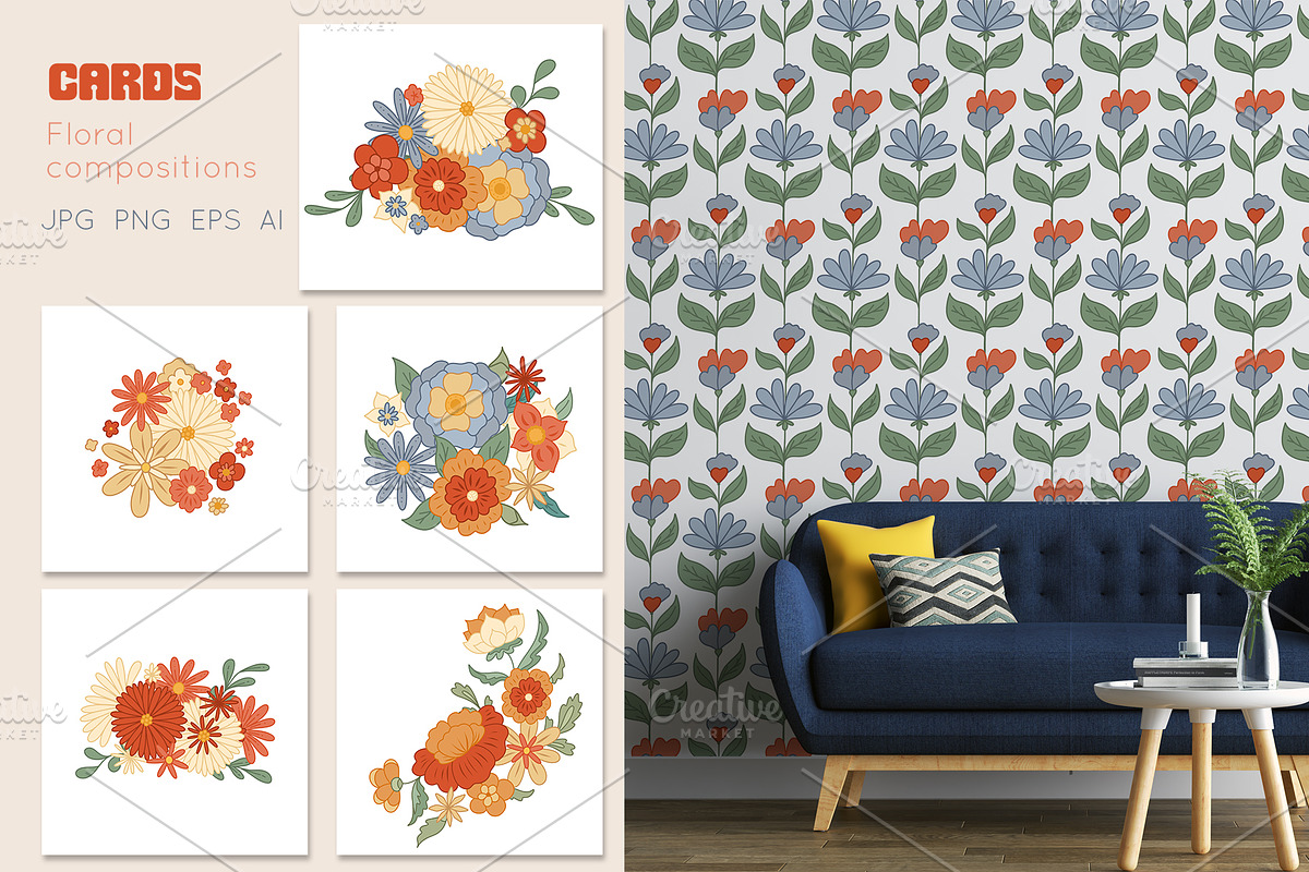 Retro flower mood patterns set, a Pattern Graphic by Veleri (Photo 6 of 9)