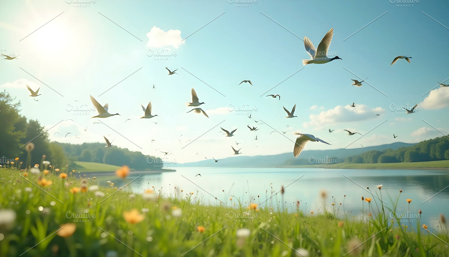 Serene Summer Meadow with Birds Over, a Photo by LOGOCREATIVE