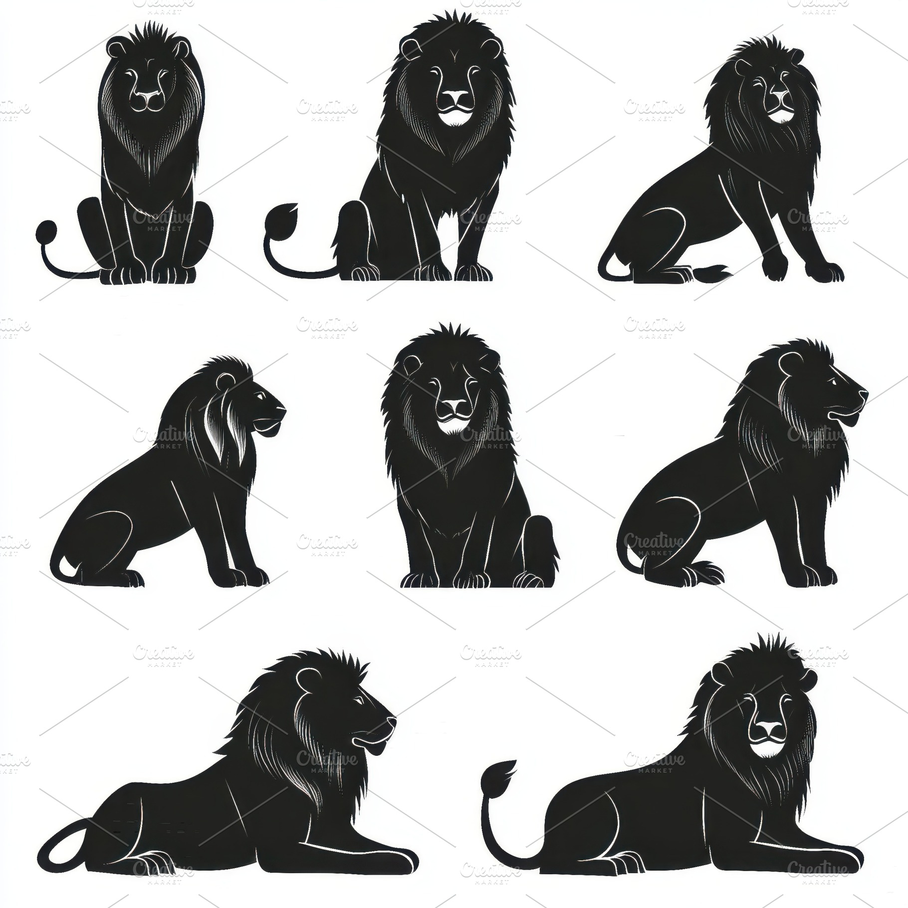 Six majestic black lion silhouettes, an Animal Photo by Pixeness Studio