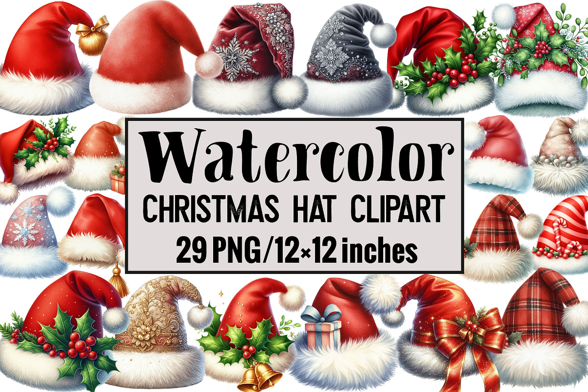 Watercolor Christmas Hat Clipart, an Illustration by Design Market (Photo 1 of 4)