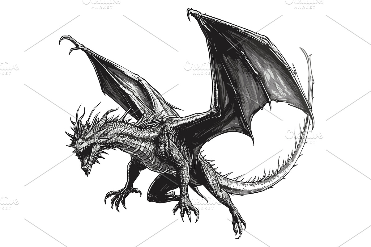 Flying dragon sketch. Dragons beast, a Graphic by LadadikArt