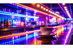 Cup of coffee on vibrant neon-lit, a Food & Drink Photo by Igor Tichonow