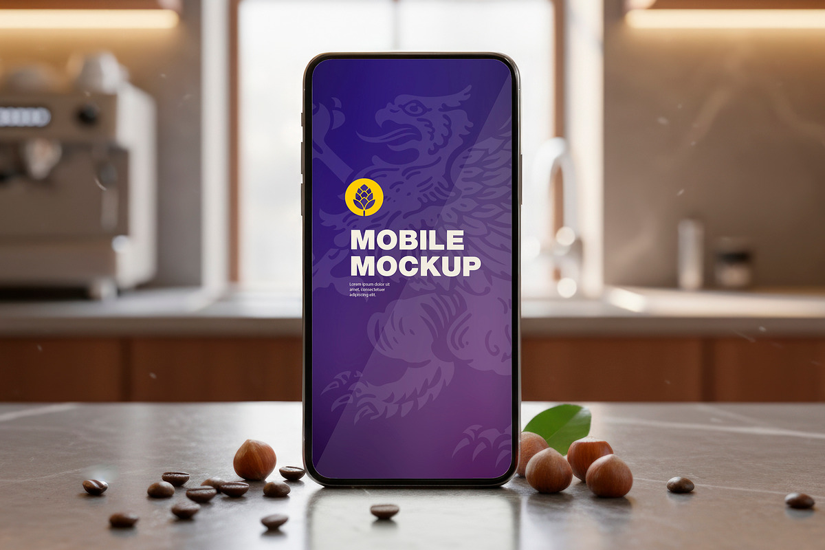 Mobile Mockup in Kitchen, a Product Mockup by OneVectorStock (Photo 1 of 2)