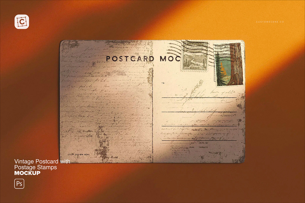 Vintage Postcard with Postage Stamps, an Advertising Mockup by Custom Scene (Photo 2 of 11)