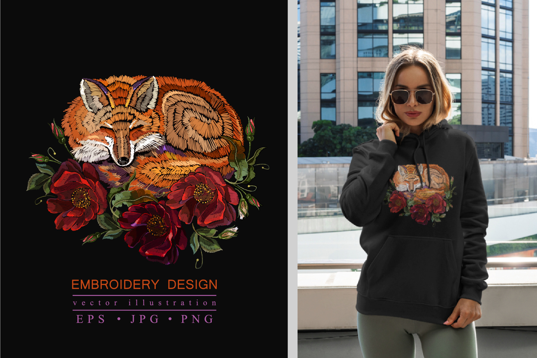 Fox and roses flowers, an Animal Illustration by Matrioshka