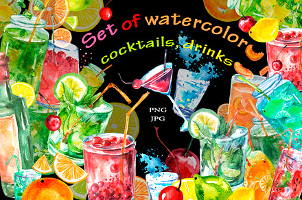 Watercolor set of cocktail, drinks
