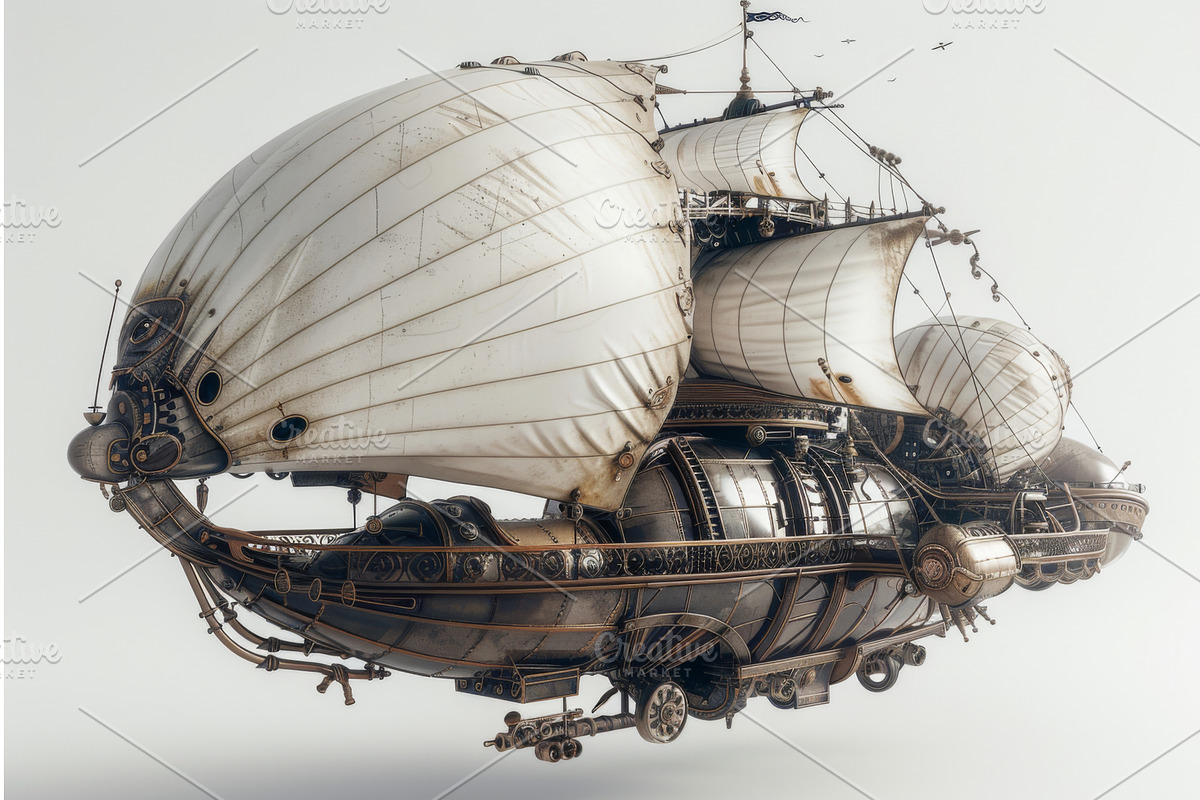 Steampunk Airship with White Sails, an Illustration by tilialucida