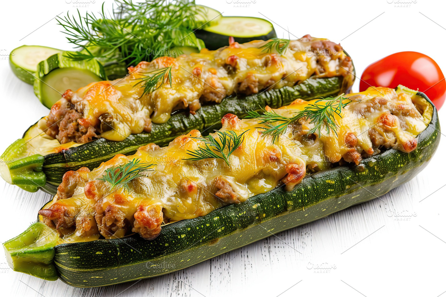 Zucchini stuffed with cheese and meat on white background, a Food & Drink Photo by AlyaAnd