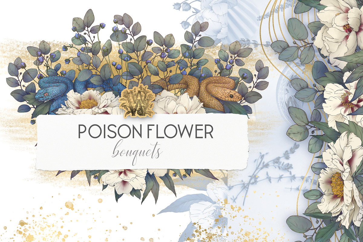 White peonies bouquet, snake clipart, an Illustration by WonderWonder (Photo 1 of 9)