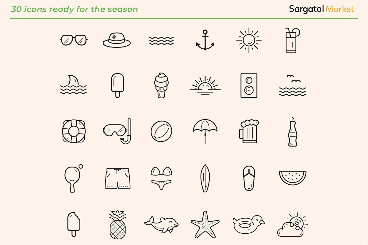Summer and Beach Outline Icons, an Outline Icon by Sargatal (Photo 4 of 4)