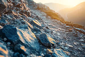 A close-up view of rugged terrain featuring glistening rocks at sunset, creatin, a Background Photo by ImageMir