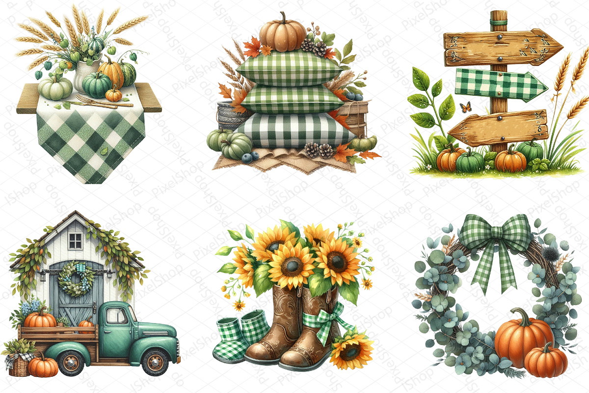 Green Gingham Autumn Clipart, an Illustration by DreamPrint404 (Photo 3 of 6)