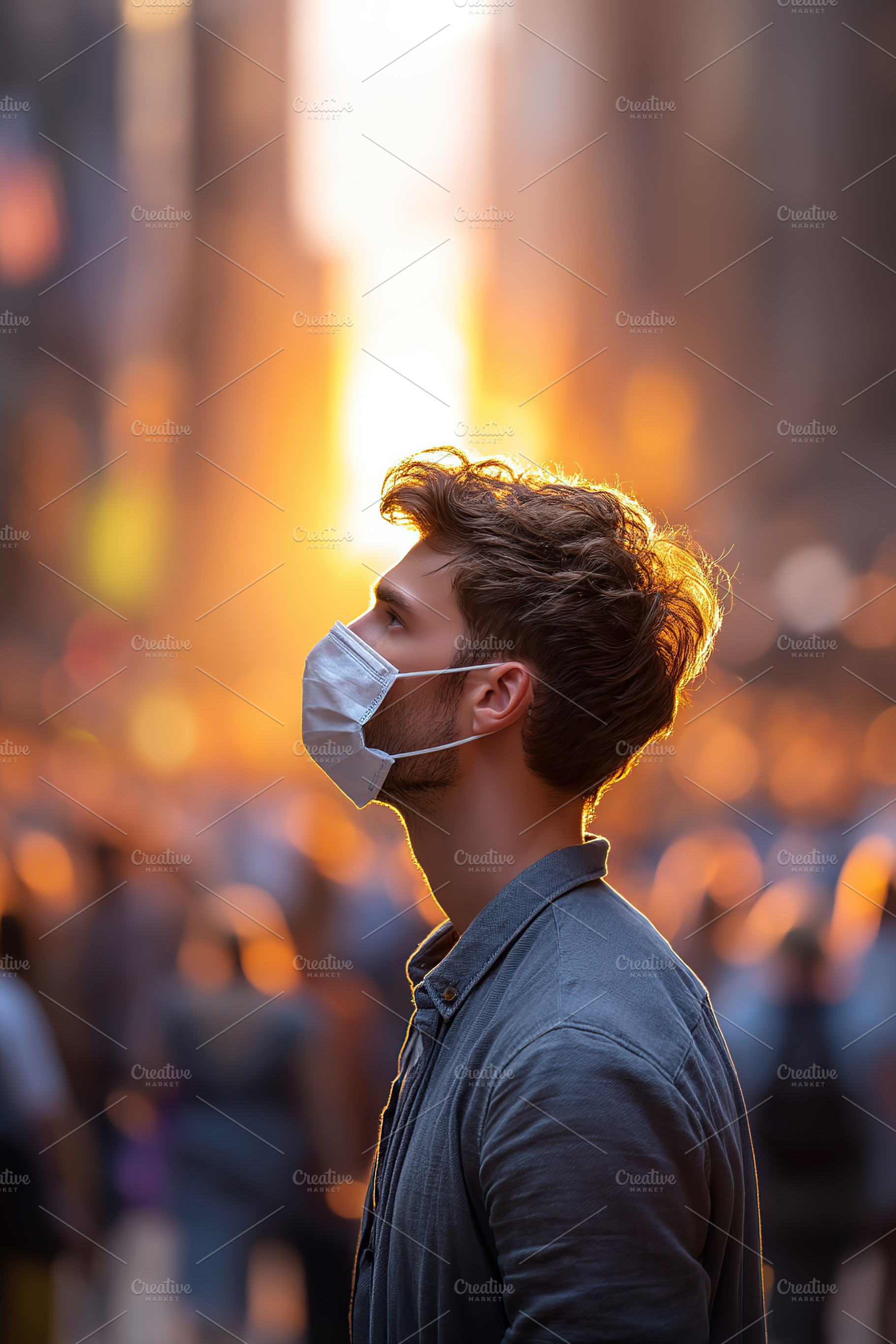 Beautiful man wearing a protective mask in a bustling city at sunset, a Person Photo by AlyaAnd