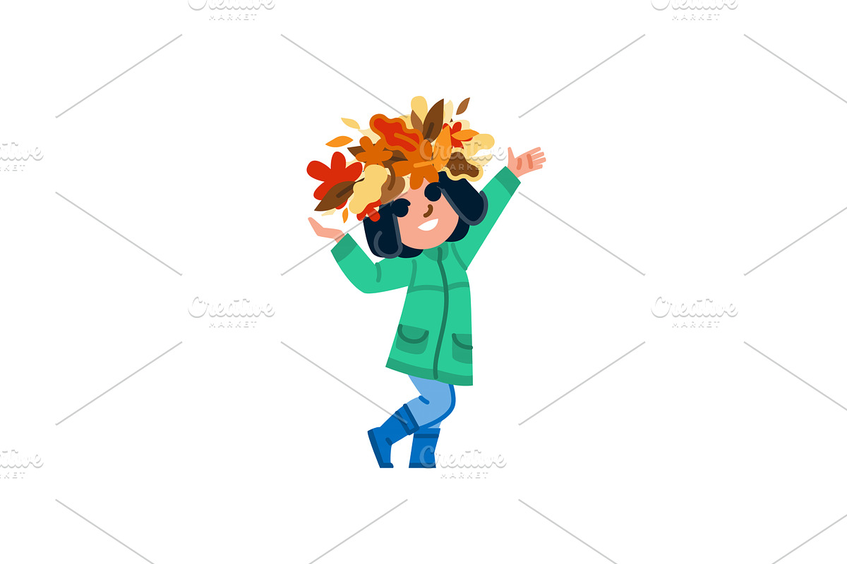 Happy child wearing autumn leaves, an Illustration by pikepicture