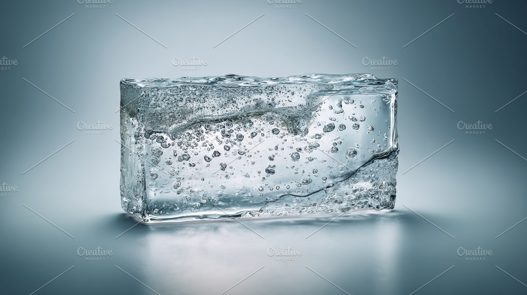 Ice block on reflective surface displaying intricate air bubbles and clear text, a Photo by Studio ANNA