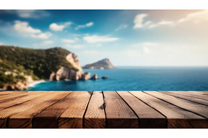 Rustic wooden table overlooking a, a Nature Photo by Igor Tichonow