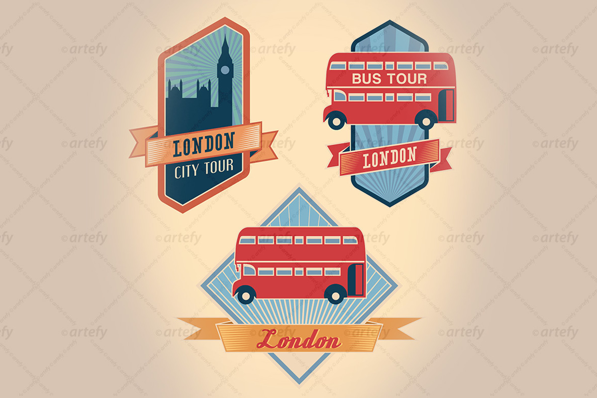 Retro-styled London tour labels (3x), an Illustration by Artefy's Graphic Bar