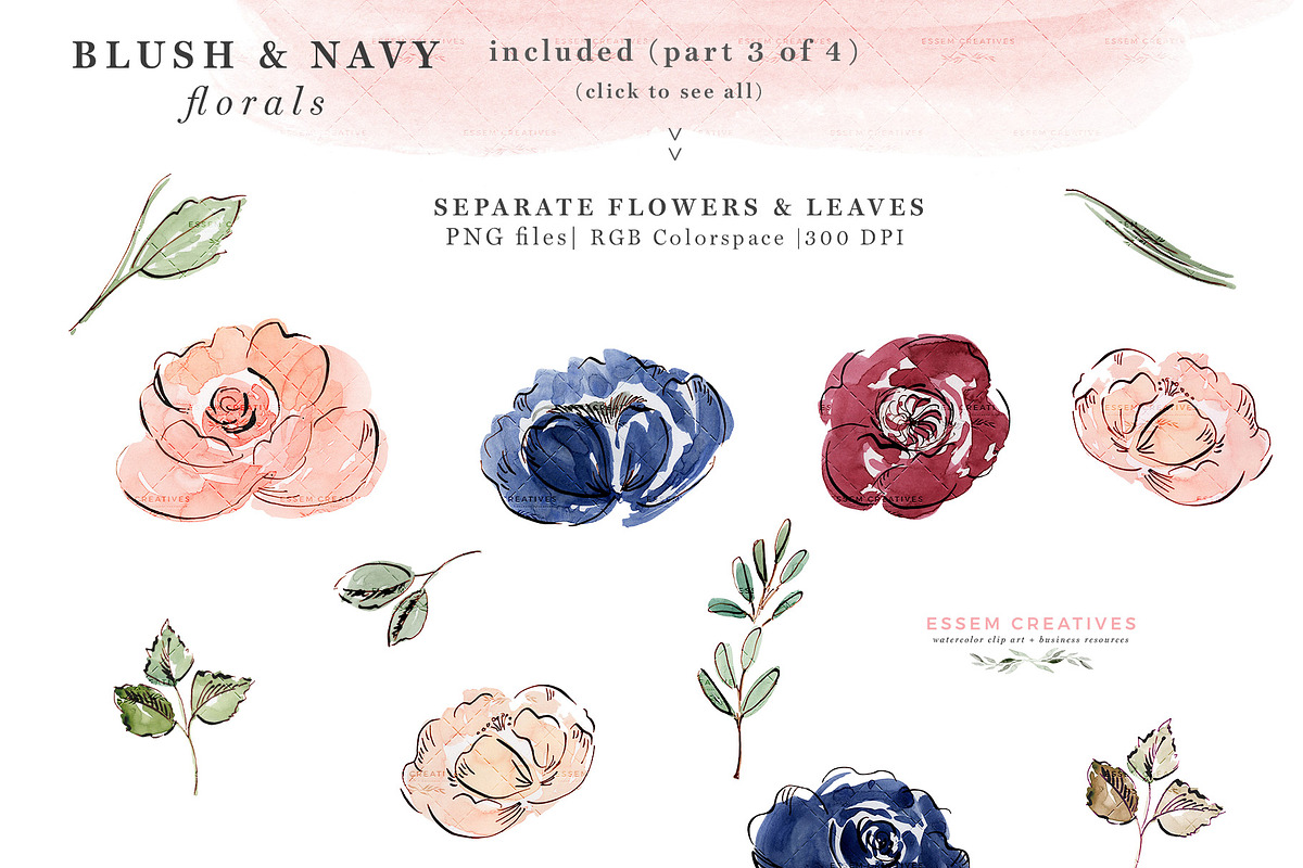 Blush and Navy Watercolor Flowers, a Texture Illustration by Essem ...