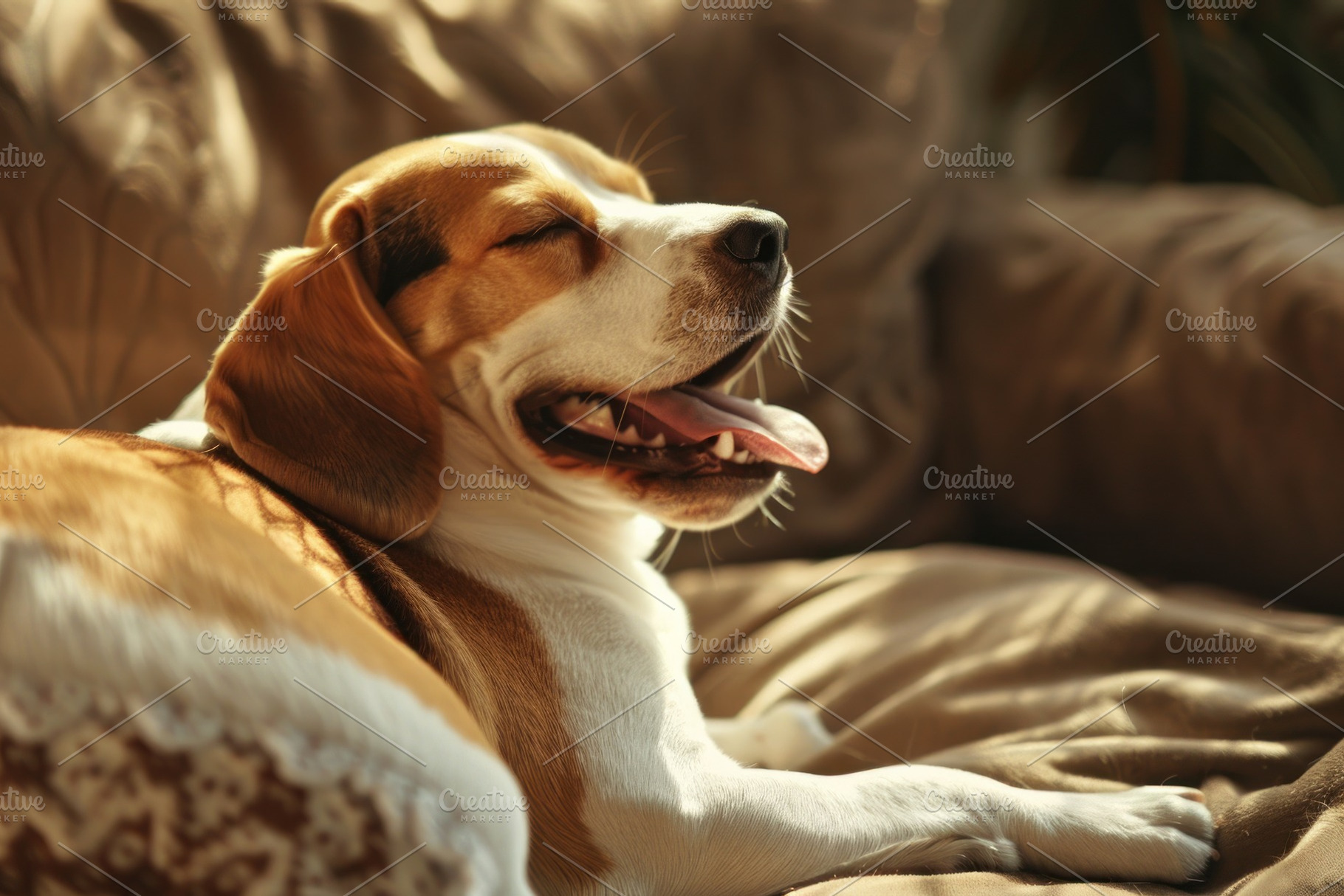 Cozy Beagle Enjoying a Relaxing Yawn on a Comfy Sofa - Generativ, an Animal Photo by José Manuel Gelpi